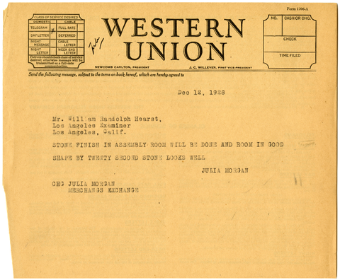Telegram from Julia Morgan to William Randolph Hearst, December 12, 1928