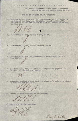 Finance Committee, Outline of Business to be Considered, March 9, 1912