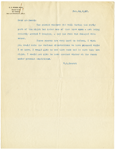 Letter from William Randolph Hearst to C. C. Rossi, February 18, 1927
