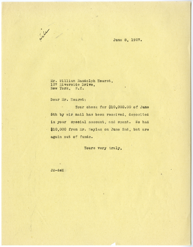 Letter from Julia Morgan to William Randolph Hearst, June 8, 1927