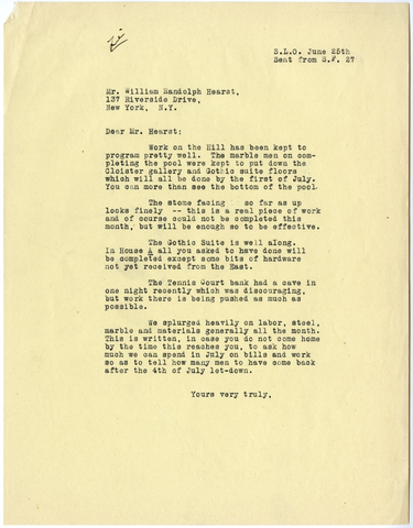 Letter from Julia Morgan to William Randolph Hearst, June 25, 1927