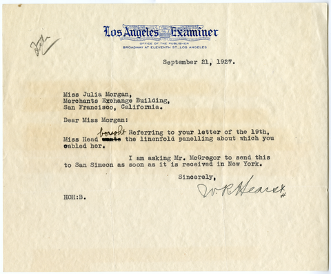Letter from William Randolph Hearst to Julia Morgan, September 21, 1927