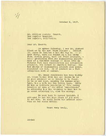 Letter from Julia Morgan to William Randolph Hearst, October 6, 1927