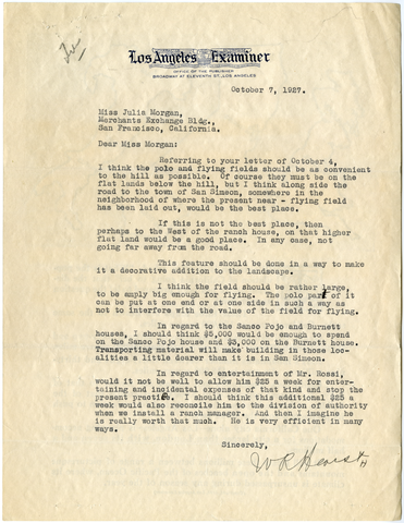 Letter from William Randolph Hearst to Julia Morgan, October 7, 1927