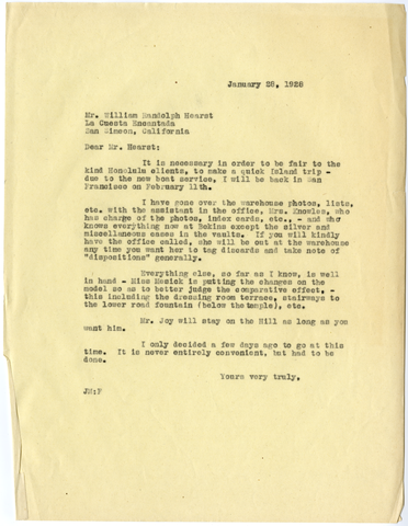 Letter from Julia Morgan to William Randolph Hearst, January 26, 1928