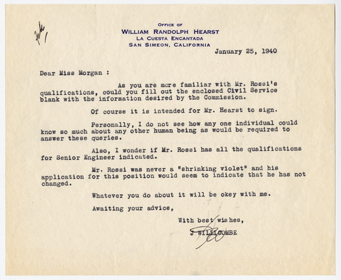Letter from Willicombe to Julia Morgan, January 25, 1940