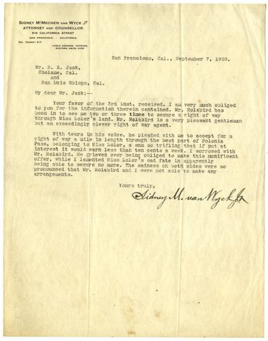 Letter to R.E. Jack from Sydney van Wyck