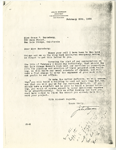 Correspondence from Julia Morgan to Grace Barneberg, February 25, 1932