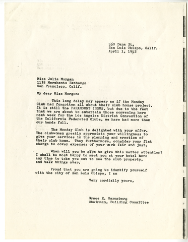Correspondence from Grace Barneberg to Julia Morgan, April 1, 1932
