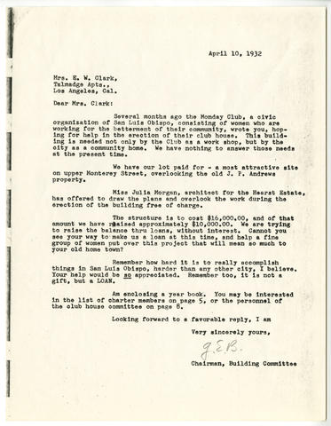 Correspondence from Grace Barneberg to E. W. Clark, April 10, 1932