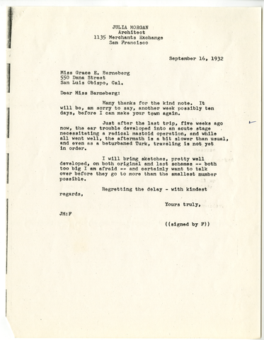 Correspondence from the office of Julia Morgan to Grace Barneberg, September 16, 1932
