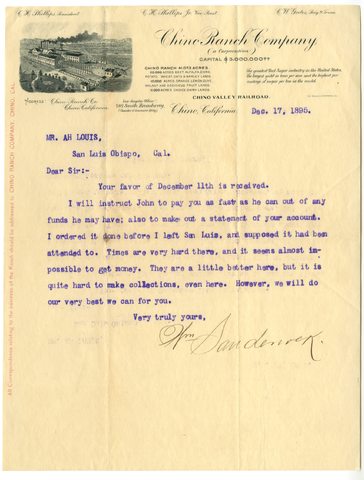 Letter from William Sandercock at the Chino Ranch Company