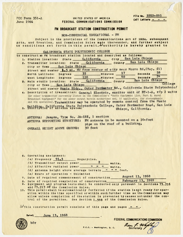 FCC Issued FM Broadcast Station Construction Permit, 1968