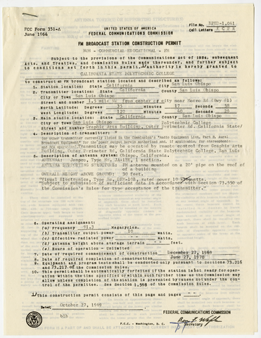 FCC FM Broadcast Station Construction Permit for KCPR, October 27, 1969