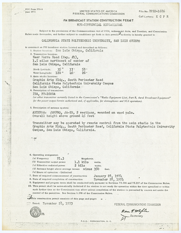 FCC FM Broadcast Station Construction Permit for KCPR, November 28, 1973