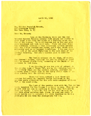Letter from Julia Morgan to William Randolph Hearst, April 16, 1920