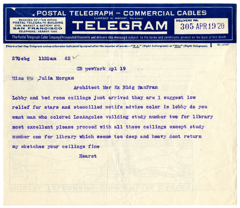Telegram from William Randolph Hearst to Julia Morgan, April 19, 1920