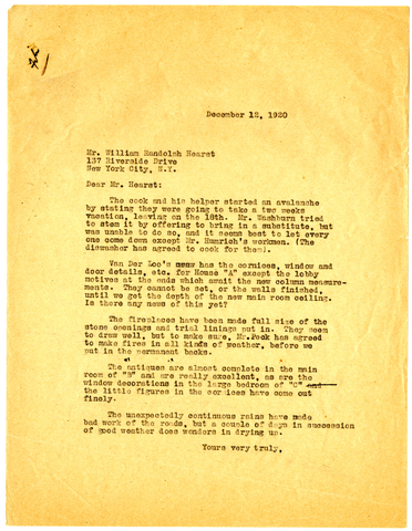 Letter from Julia Morgan to William Randolph Hearst, December 12, 1920