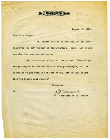 Letter from Joseph Willicombe to Julia Morgan, January 2, 1921