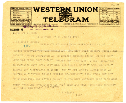 Telegram from William Randolph Hearst to Julia Morgan, January 11, 1921
