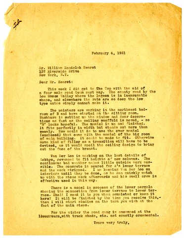 Letter from Julia Morgan to William Randolph Hearst, February 4, 1921