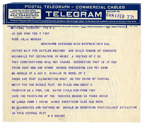 Telegram from William Randolph Hearst to Julia Morgan, February 7, 1921