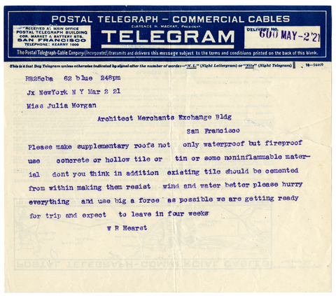Telegram from William Randolph Hearst to Julia Morgan, March 2, 1921