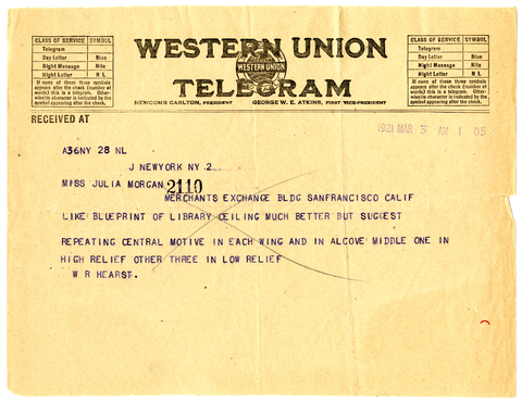 Telegram from William Randolph Hearst to Julia Morgan, March 3, 1921