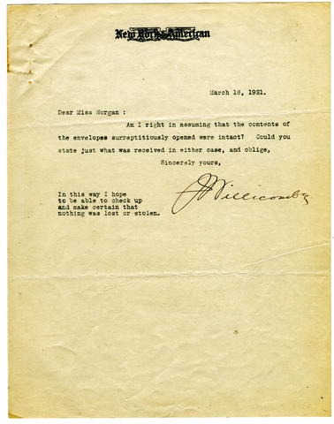 Letter from Joseph Willicombe to Julia Morgan, March 16, 1921