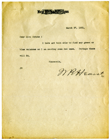 Letter from William Randolph Hearst to Julia Morgan, March 27, 1921