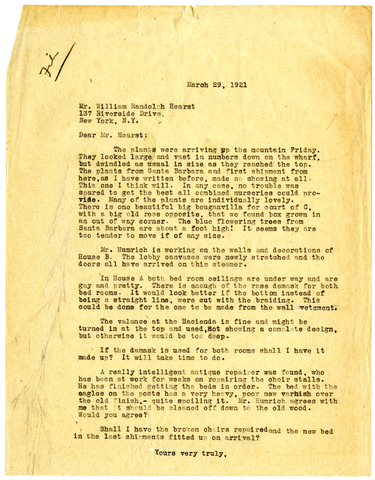 Letter from Julia Morgan to William Randolph Hearst, March 29, 1921