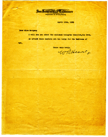 Letter from William Randolph Hearst to Julia Morgan, April 19, 1921