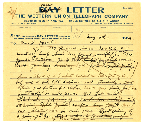 Telegram from Julia Morgan to William Randolph Hearst, May 4, 1921