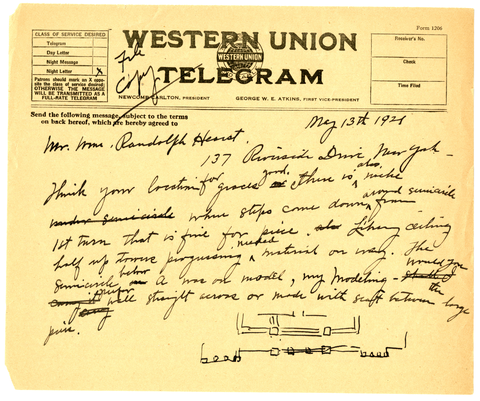Telegram from Julia Morgan to William Randolph Hearst, May 13, 1921