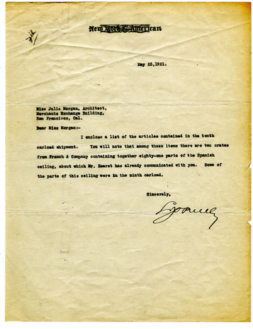 Letter from L. J. O'Reilly to Julia Morgan, May 25, 1921