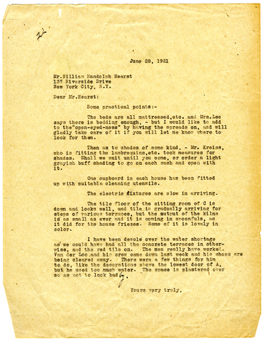 Letter from Julia Morgan to William Randolph Hearst, June 29. 1921