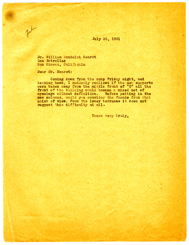 Letter from Julia Morgan to William Randolph Hearst, July 22, 1921
