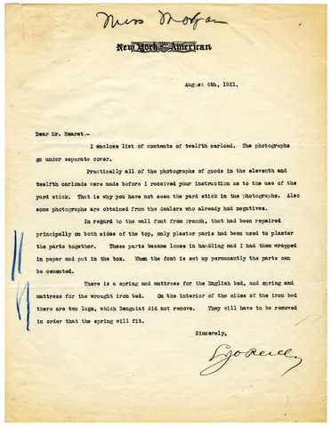 Letter from Lawrence J. O'Reilly to William Randolph Hearst, August 6, 1921