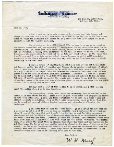 Letter from William Randolph Hearst to Mr. Joy, October 1, 1921