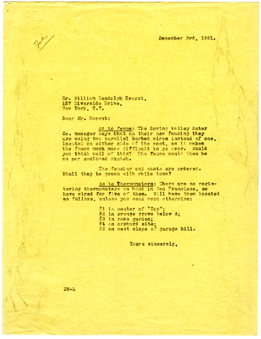 Letter from Julia Morgan to William Randolph Hearst, December 3, 1921
