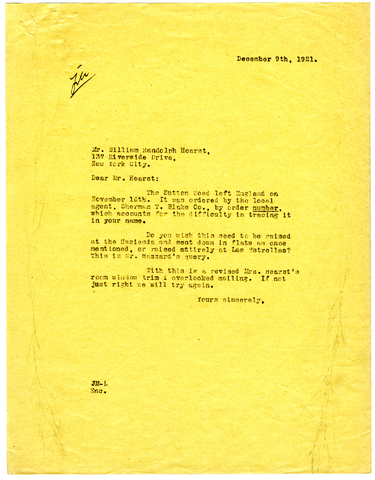 Letter from Julia Morgan to William Randolph Hearst, December 9, 1921