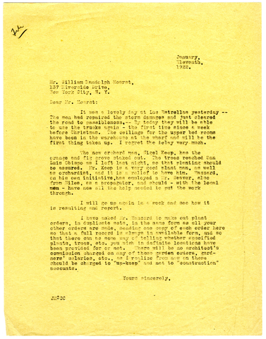 Letter from Julia Morgan to William Randolph Hearst, January 11, 1922