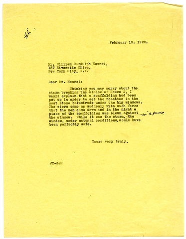 Letter from Julia Morgan to William Randolph Hearst, February 10, 1922