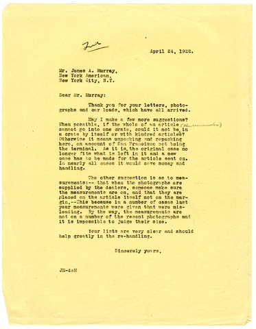Letter from Julia Morgan to James A. Murray, April 24, 1922