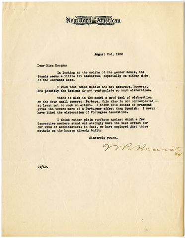 Letter from William Randolph Hearst to Julia Morgan, August 2, 1922