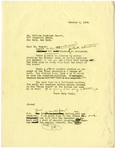 Letter from Julia Morgan to William Randolph Hearst, October 2, 1922