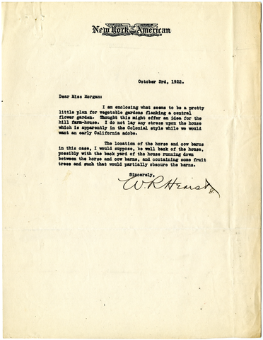 Letter from William Randolph Hearst to Julia Morgan, October 3, 1922