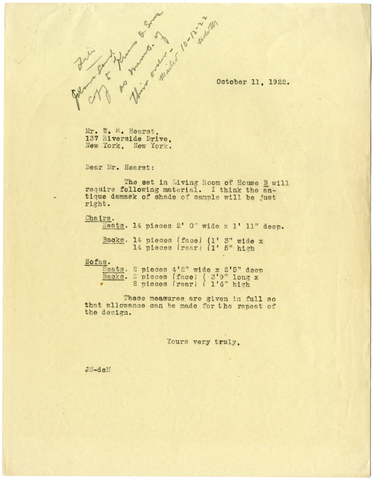 Letter from Julia Morgan to William Randolph Hearst, October 11, 1922