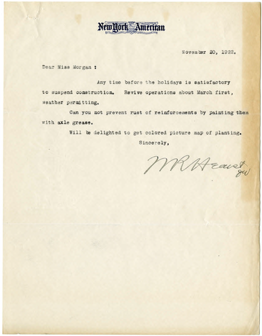 Letter from William Randolph Hearst to Julia Morgan, November 20, 1922