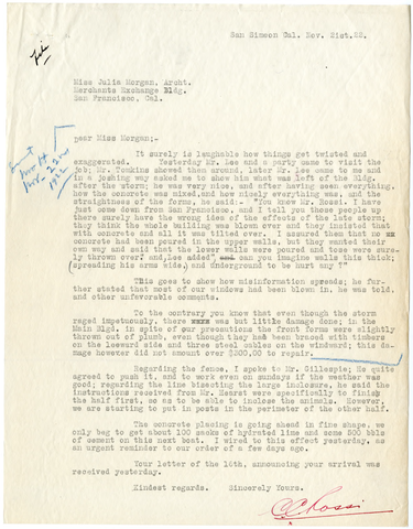 Letter from C. C. Rossi to Julia Morgan, November 21, 1922